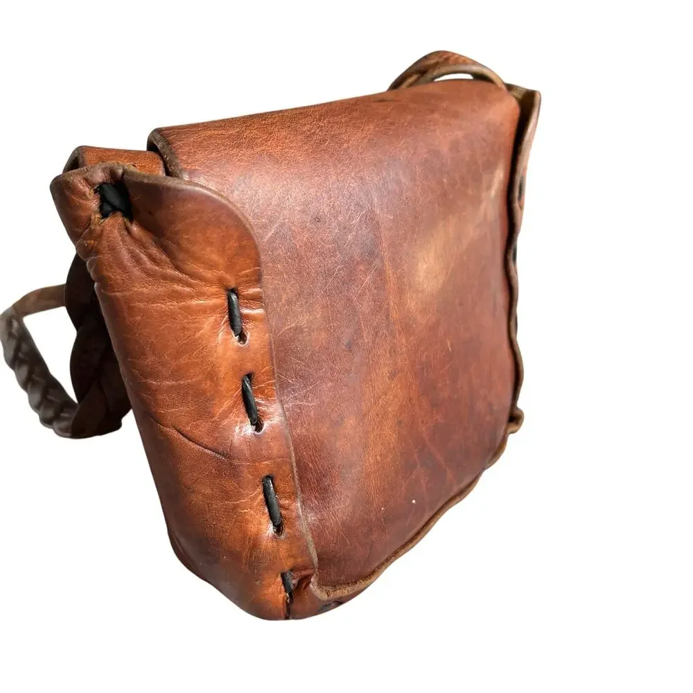Vintage Brown Leather Shoulder Bag Braided Strap Boho Hippie